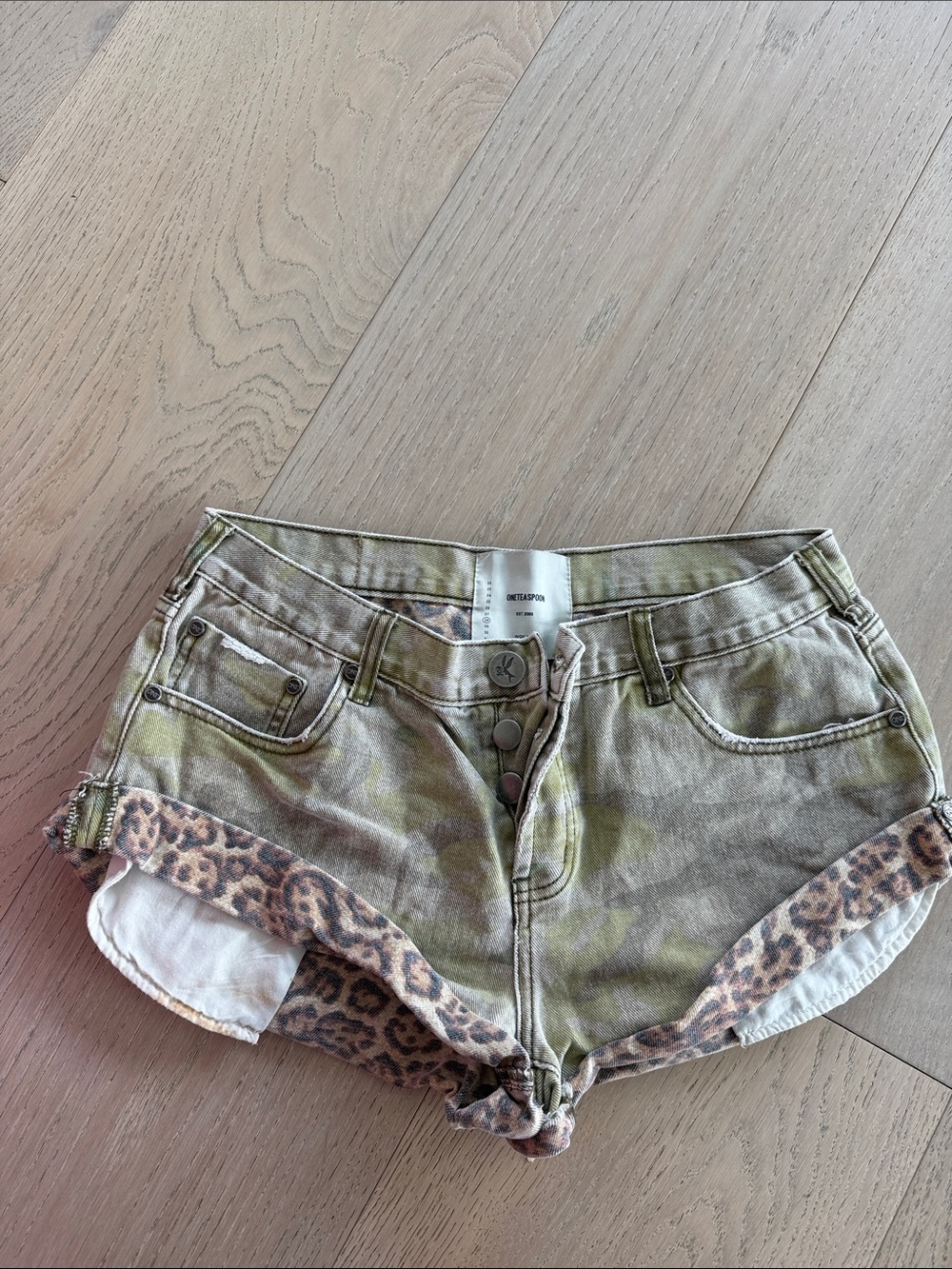 One Teaspoon Green Camo Denim Shorts with Leopard Trim